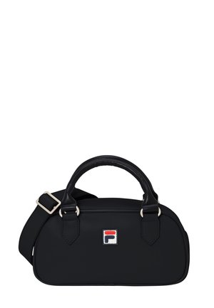 Kleine schwarze Handtasche mit zwei Griffen, verstellbarem Schulterriemen und einem rot-weiß-blauen Logo-Patch in der Mitte vorne.