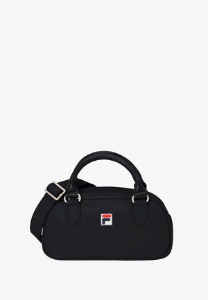 Kleine schwarze Handtasche mit zwei Griffen, verstellbarem Schulterriemen und einem rot-weiß-blauen Logo-Patch in der Mitte vorne.