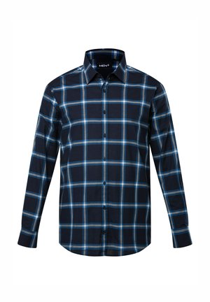 Langærmet ternet skjorte i marineblå, med lyseblå og grå tern, knaplukning foran og spredt krave, lavet af bomuld.