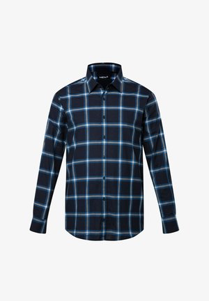 Langærmet ternet skjorte i marineblå, med lyseblå og grå tern, knaplukning foran og spredt krave, lavet af bomuld.