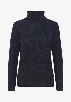 Navy zilā krāsā adīta turtlenecka džemperis ar teksturētu adījumu, ar garām piedurknēm un ribotiem aprocēm un apakšmalu. Mazs logotipa элемента sānos.