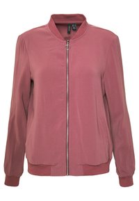 Veste bomber mauve avec fermeture éclair à l'avant, col et poignets côtelés, poches latérales et texture de tissu lisse.