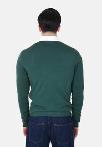 Un uomo di spalle che indossa un maglione verde scuro sopra una camicia bianca con colletto e jeans denim blu scuro su uno sfondo neutro.