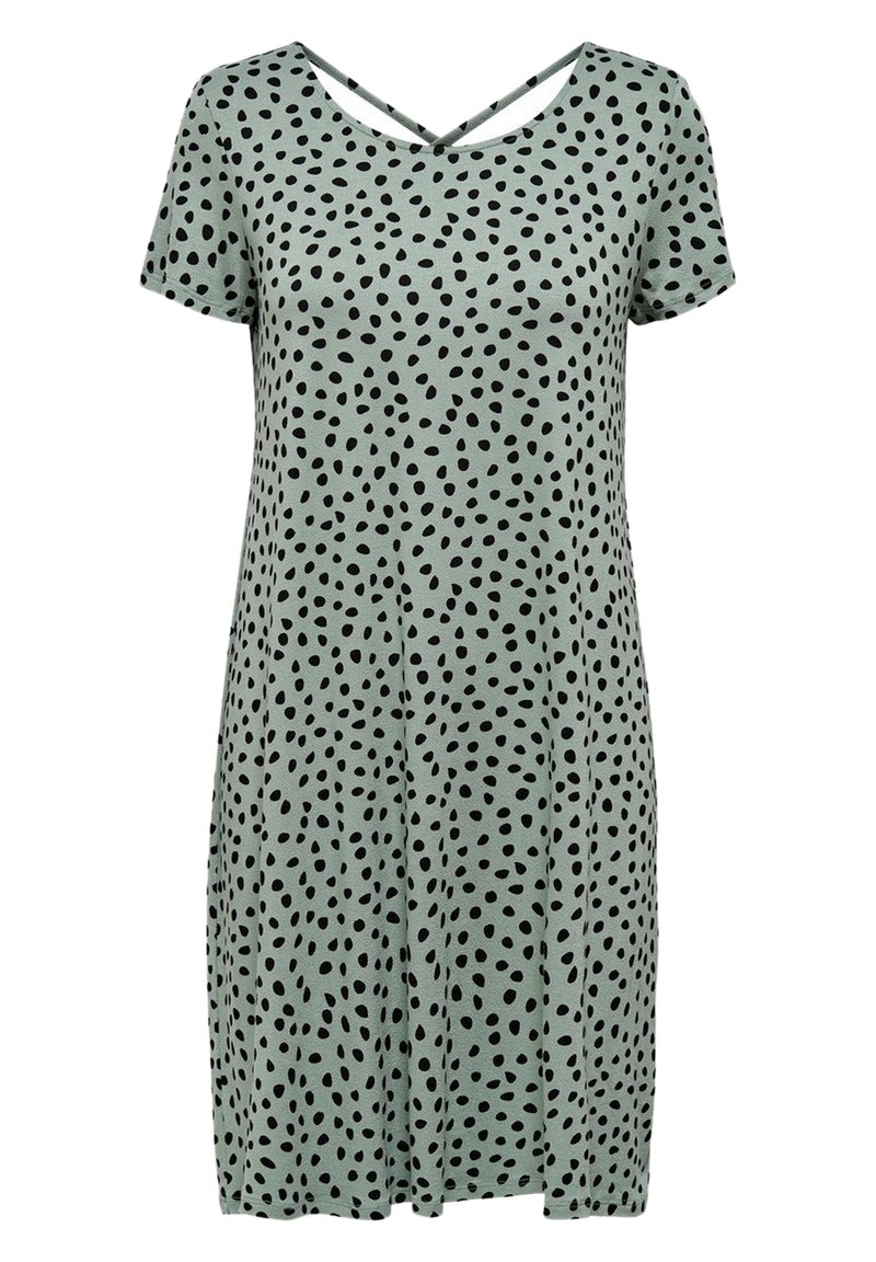 Lyhyet hihat omaava kevyt vihreä mekko mustilla laikkuilla, jossa on V-mallinen kaula-aukko ja ristikkäiset hihnat selässä. Pehmeä ja kevyt materiaali.