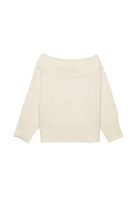 Maglione crema scollato con collo a costine, maniche a tre quarti e vestibilità corta. Tessuto morbido, design minimale.