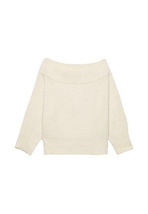 Crème off-shoulder trui met een geribbelde halslijn, driekwart mouwen en een cropped pasvorm. Zachte textuur, minimalistisch design.
