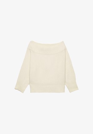 Krémový svetr bez ramene s lemovaným výstřihem, rukávy o délce tři čtvrtě a zkráceným střihem. Měkká textura, minimální design.