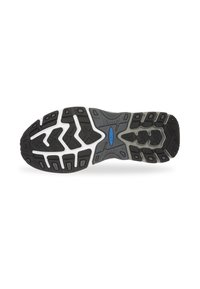 Black rubber running shoe sole with grey accents. Tread pattern includes grooves and lugs for traction. Blue logo detail present.