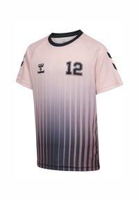 Pink og sort sportstrøje med nummer 12, sort krave, sort logo på brystet og lodrette gradientstriber på forsiden.