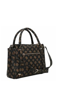 Borsa sintetica nera con motivo logo marrone, doppio manico superiore, tracolla regolabile e tasca anteriore con zip. Finitura testurizzata.