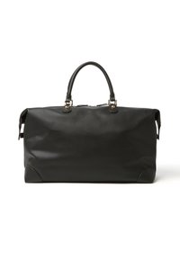 Borsa da viaggio in pelle nera con manici arrotondati, accessori dorati e chiusura a zip su sfondo bianco.