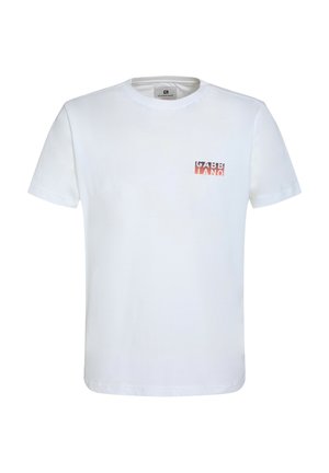 Witte katoenen T-shirt met een kleine meerkleurige afbeelding op de linkerkant van de borst. Korte mouwen en een ronde hals.