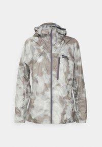 Lichte, waterafstotende jas in een grijs en beige camouflagepatroon. Voorzien van een voorrits, verstelbare capuchon en een borstzak.