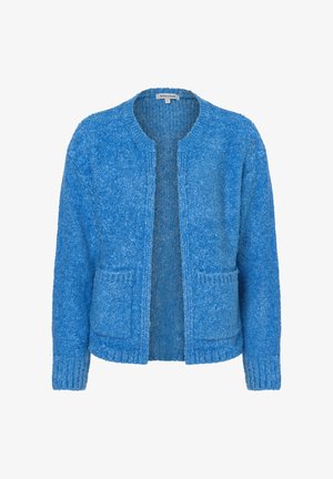 Blaues, flauschiges Strickjäckchen mit runder Halslinie, offenem Frontdesign und zwei vorderen Taschen. Gerippte Bündchen und Saum. Weicher, strukturierten Stoff.