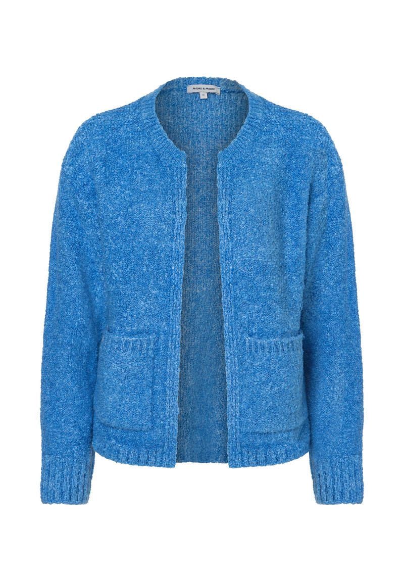 Blaues, flauschiges Strickjäckchen mit runder Halslinie, offenem Frontdesign und zwei vorderen Taschen. Gerippte Bündchen und Saum. Weicher, strukturierten Stoff.