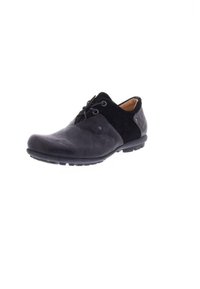Schnürschuhe aus grauem Leder und schwarzem Wildleder, mit runder Zehenpartie, gestickten Akzenten und strukturiertem Sohle für besseren Halt.