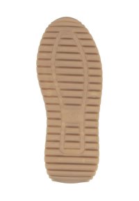 Semelle de chaussure en caoutchouc de couleur brun clair avec des rainures horizontales et verticales pour l'adhérence, présentant un design central surélevé et un détail de logo.