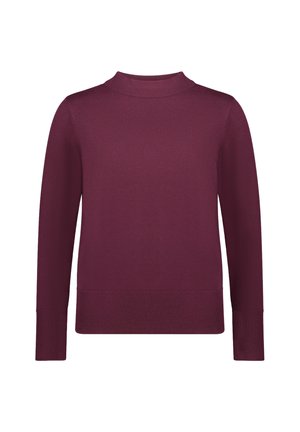 Vinrød strikket sweater med høj, ribbet krave. Har lange ærmer og ribbet kant. Blød tekstur, enkel design, ingen synlige mønstre.