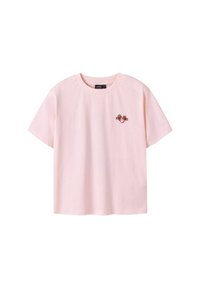 T-shirt en coton rose à manches courtes et col rond. Présente un petit design brodé d'une fraise et du texte sur la poitrine.