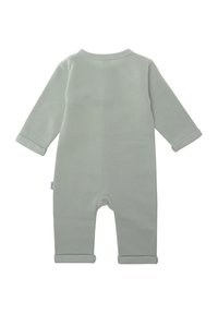 Hellgrünes, geripptes Langarm-Body mit umgekrempelten Bündchen und Rundhalsausschnitt, aus einem strukturierten Stoff gefertigt. Keine sichtbaren Verschlüsse oder Muster.