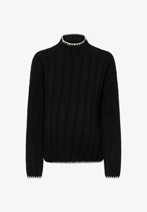 Maglione nero lavorato a maglia con righe verticali, collo alto e bordo bianco a contrasto su colletto e polsini. Silhouette ampia.