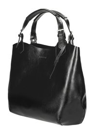 Borsa tote in pelle nera con una texture liscia, doppi manici corti e spallacci regolabili. Presenta un sottile marchio sul fronte.