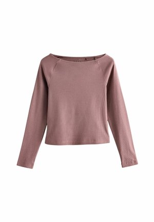 Rosa-pink langärmliges Oberteil mit gerippter Textur, Bootsausschnitt und Raglanärmeln. Mit geradem Saum und dezenter Stickerei.