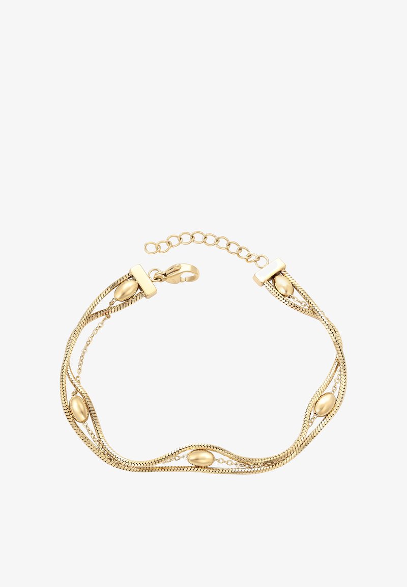 Zlatý náramek s propletenými řetězy, oválnými akcenty a karabinkovým zapínáním. Vyznačuje se vrstveným, texturovaným designem a nastavitelnou délkou.