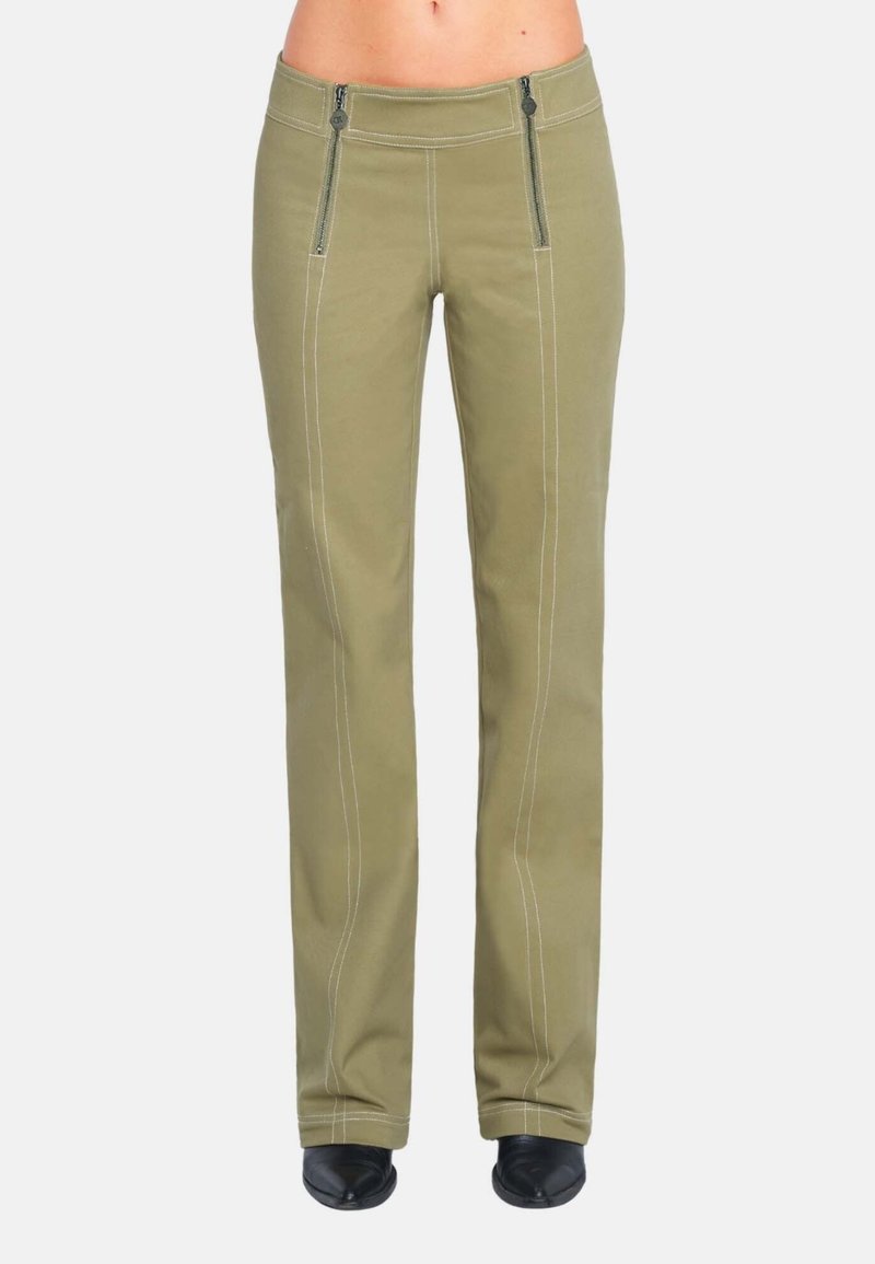 Khaki broek met een getailleerde taille, twee met rits gesloten zakken, contrasterende witte stiksels en een recht benen ontwerp. Gladde, duurzame stoftextuur.