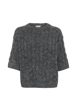 Grauer kurzärmeliger Pullover aus strukturiertem Strickstoff mit Rundhalsausschnitt und lockerer Passform. Weiches, mittelschweres Material mit subtilen Mustern.