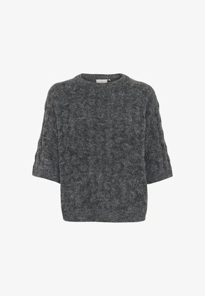 Pelēks īsām piedurknēm džemperis, izgatavots no teksturēta adījuma ar apaļu izgriezumu un brīvu piegriezumu. Mīksts, vidēja svara materiāls ar smalku rakstu.