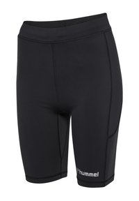 Czarne sportowe spodenki wykonane z elastycznego materiału, z wysokim stanem, płaskimi szwami oraz białym logo na boku.