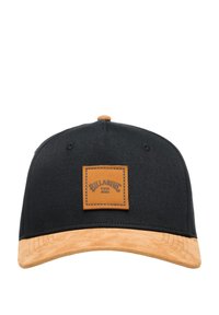 Black cap with a tan suede visor, featuring a square leather patch on the front with embossed text. Six-panel design with ventilation eyelets.