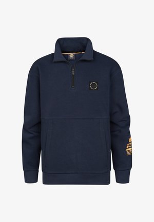 Dunkelblauer Fleece-Pullover mit halbem Reißverschluss am Kragen, strukturierter Stoff, mit gesticktem Logo auf der Brust und orangefarbener Textverzierung am Ärmel.
