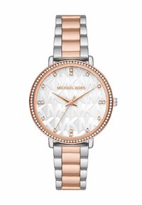 Hodinky Michael Kors se stříbrným a růžovým zlatem z nerezové oceli, kulatým bílým texturovaným ciferníkem a ozdobným rámečkem.