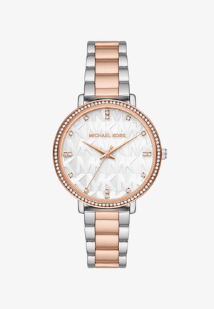 Orologio Michael Kors con bracciale in acciaio inossidabile argento e oro rosa, quadrante rotondo bianco con texture e lunetta tempestata di gioielli.