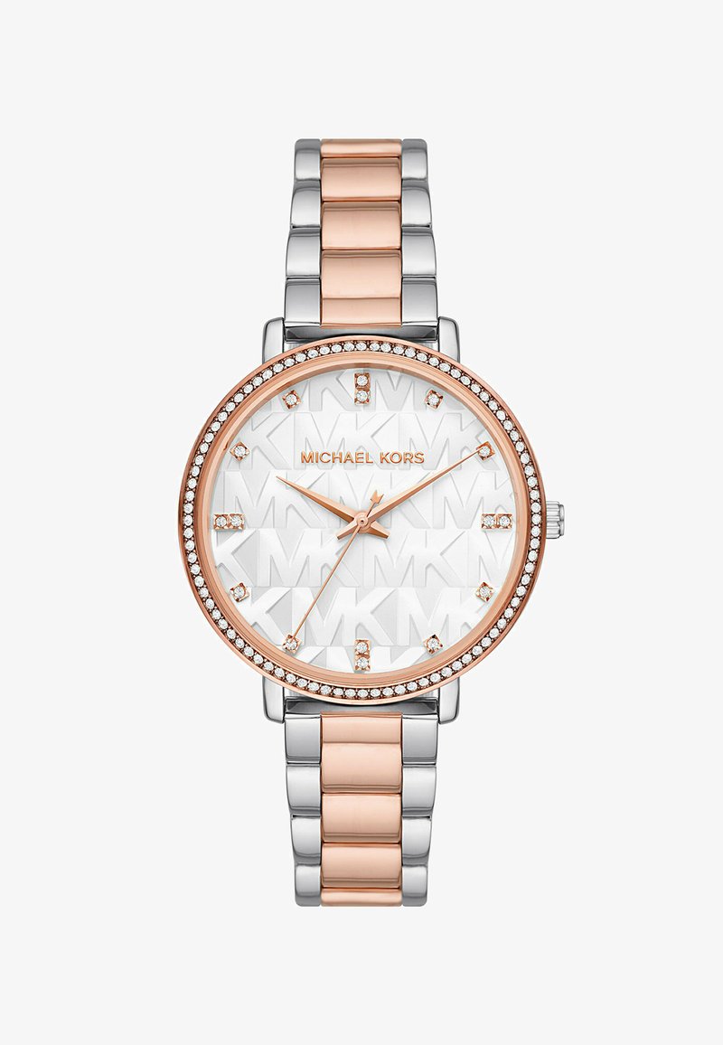 Hodinky Michael Kors se stříbrným a růžovým zlatem z nerezové oceli, kulatým bílým texturovaným ciferníkem a ozdobným rámečkem.