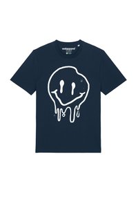 T-shirt en coton bleu marine avec un grand graphique de smiley blanc dégoulinant sur le devant. Design classique à col rond, manches courtes.