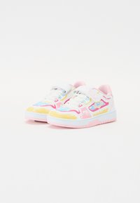 White sneakers with pastel yellow, pink, and blue abstract patterns; features Velcro strap and laces; rubber sole.