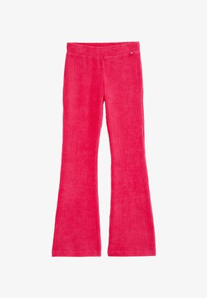 Roza kordurojske široke hlače z navpičnimi rebrinami, elastičnim pasom in gladko teksturo. Imajo majhen logo na sprednjem pasu.