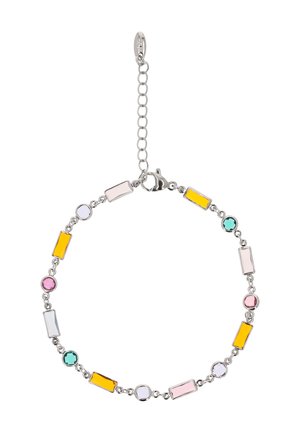 Brățară din lanț de argint cu pietre prețioase multicolore alternante, dreptunghiulare și circulare, în nuanțe de galben, roz, alb și verde albastru, prevăzută cu închidere tip carabiner.