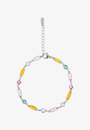 Bracciale a catena in argento con pietre preziose multicolori alternate di forma rettangolare e circolare nei toni del giallo, rosa, bianco e verde acqua, dotato di chiusura a moschettone.