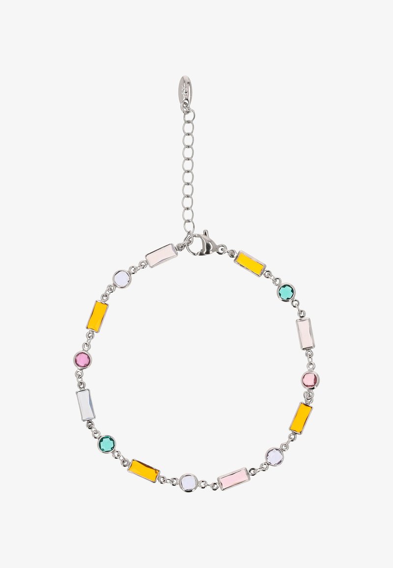 Silberarmband mit Kettengliedern aus abwechselnd rechteckigen und runden mehrfarbigen Edelsteinen in Gelb, Rosa, Weiß und Türkis, mit Karabinerverschluss.
