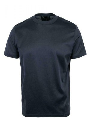 T-shirt en coton bleu marine avec un col rond classique et des manches courtes, au tissu lisse et au design minimaliste.
