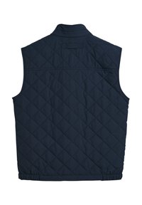 Temno modra prešita telovnik z visokim ovratnikom, elastiko na spodnjem robu in brez rokavov. Ima gladko teksturo in subtilen reliefni logotip na hrbtni strani.