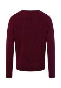 Bordeaux, lange mouw sweater met een ronde hals. Gladde textuur en geribde manchetten en zoom. Achteraanzicht, zonder patronen of accenten.