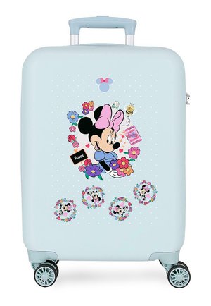 Maleta azul claro con Minnie Mouse rodeada de flores coloridas, corazones, una abeja y etiquetas que dicen "Rosas" y "Semillas de bondad".