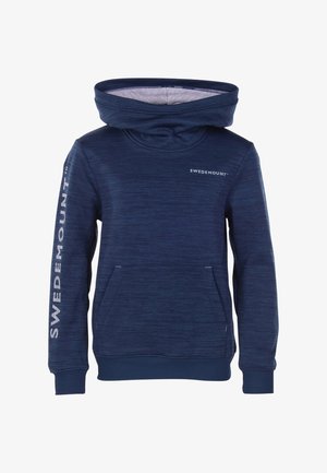 Sweat-shirt bleu marine avec un col cheminée, texture douce, poche avant et logo "SWEDEMOUNT" sur la poitrine gauche et la manche gauche.