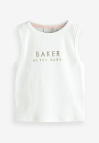 Hvid ribbet tanktop med rund halsudskæring og metallisk guld "BAKER by TED BAKER" tekst på forsiden. Uden ærmer.