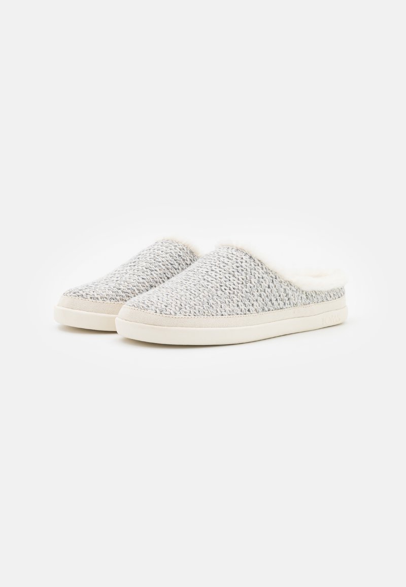 Pantofole grigie intrecciate con una morbida fodera bianca e suole beige, caratterizzate da un designsenza retro aperto per una facile calzata.